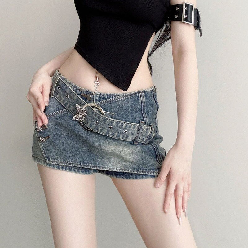 Geumxl Y2k Vintage Denim Skirt Women Low Rise Irregular Butterfly Belt Streetwear Jeans Mini Skirt Shorts Summer Gyaru Fashion