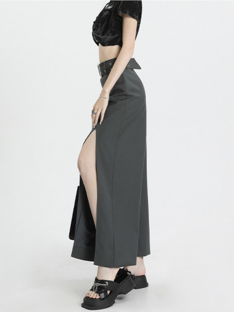 Geumxl Long Black Skirt Women Streetwear High Waist A-line Belt Slim Irregular Split Sexy Goth Maxi Skirt Autumn Fashion