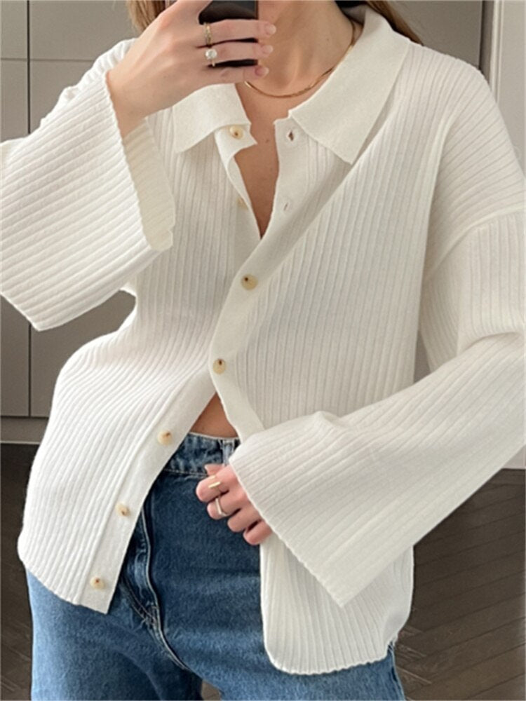 Geumxl Knitted Ribbed Long Flare Sleeve Sweaters Tops for Women Fall Solid Buttons Up Cardigan Turn-down Collar Jumpers 2023