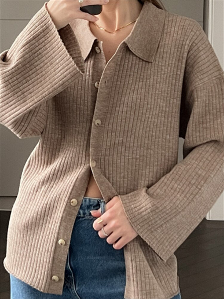 Geumxl Knitted Ribbed Long Flare Sleeve Sweaters Tops for Women Fall Solid Buttons Up Cardigan Turn-down Collar Jumpers 2023