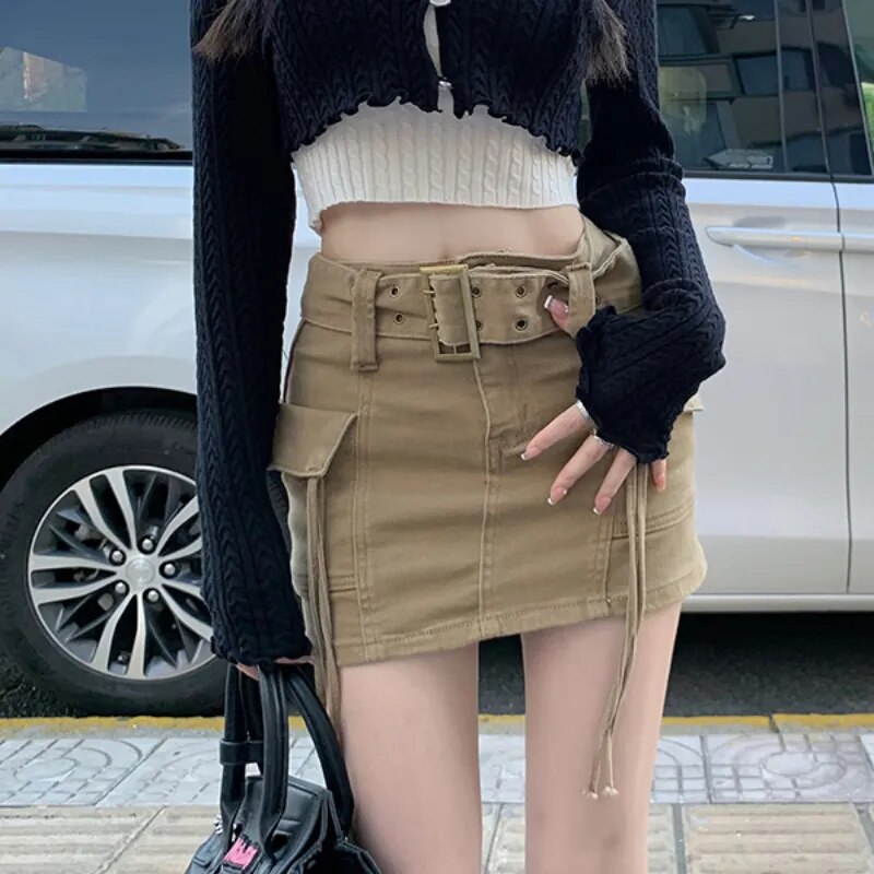 Geumxl Mini Cargo Skirt Denim Women Y2k Vintage High Waist Belt Pocket Sexy Slim Pencil Skirt Korean Streetwear Summer Gyaru