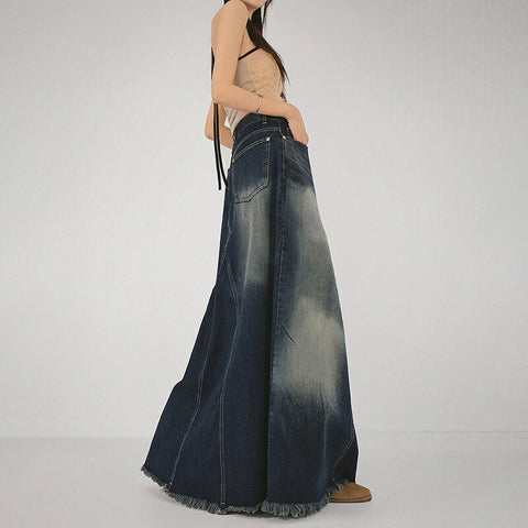 Geumxl Y2k Streetwear Long Denim Skirt Women Acubi Fashion Low Waist A-line Distressed Blue Jeans Maxi Skirt Autumn Vintage