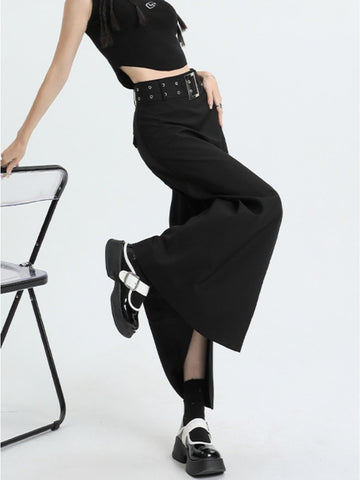 Geumxl Long Black Skirt Women Streetwear High Waist A-line Belt Slim Irregular Split Sexy Goth Maxi Skirt Autumn Fashion