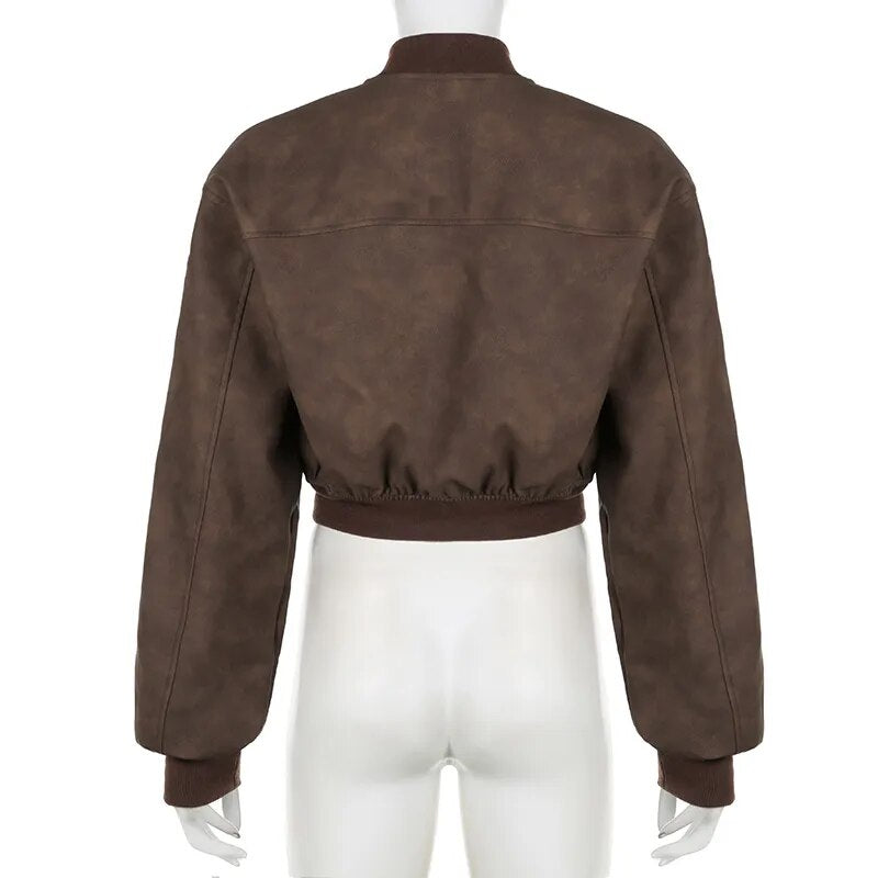 Geumxl Streetwear Brown Zipper Leather Jacket Vintage Y2K Autumn Coat Solid Grunge Winter Clothes Motorcycle Jackets Outwear