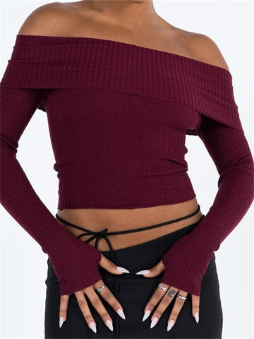 Geumxl Women Off Shoulder Crop Tops Pullovers Solid Color Ribbed Slash Neck Sweaters Long Sleeve Exposed Navel Knitwear 2023