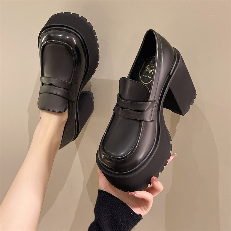Geumxl Chunky Platform Loafers Heel Patent Leather Slip On Casual Shoes Women Lady Office Shoes Japanese Lolita Black Heels 2023