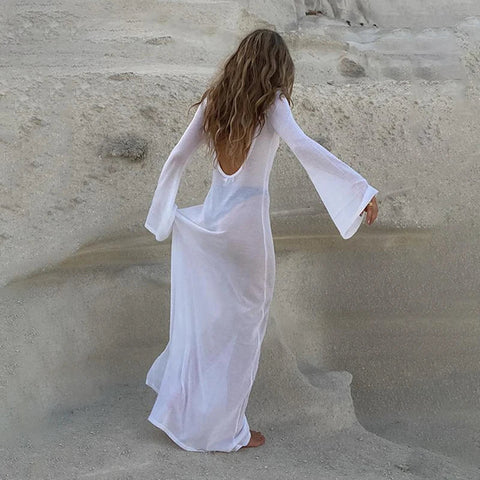 Geumxl Elegant White Knit Long Sleeve Beach Dress Holiday Sexy Open Back Club See Through Summer Party Maxi Dresses Robe