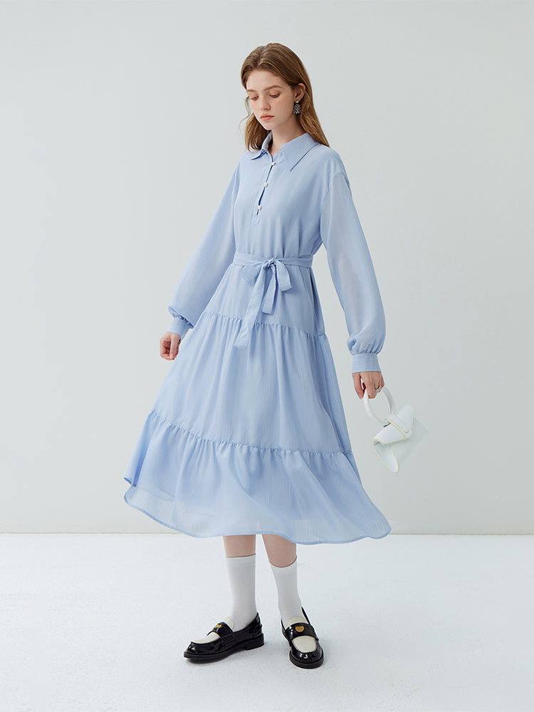 Geumxl French Literary Casual Striped Blue Dress for Women 2023 Autumn New Shirt Collar Lace-up Design Elegant Dress Female