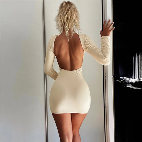 Geumxl-hoco dresses  Autumn Fashion Sexy Open Back Solid Slinky Mini Dress Club Party Outfits Long Sleeve Round Neck Bodycon Dresses