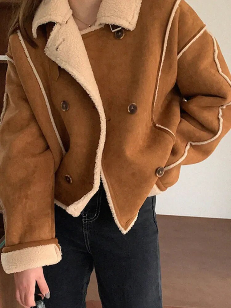 Geumxl Vintage Thick Warm Brown Double Side Wearing Design Wool Lamb Coats Casual Loose Long Sleeve Fur Jacket Autumn 16U5498