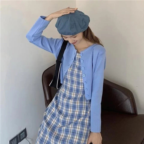 Geumxl--hoco dresses 2024 Summer New Matching Sets Sweet Slim Plaid Slip + Solid color long sleeve Cardigan Prairie Chic A-line Two-piece Dress Suits