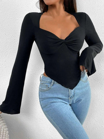 Geumxl Long Flare Sleeve V-neck Low Cut T-shirts Tops for Women Front Ruched Criss-cross Solid Slim Fit Irregular Hem Tees
