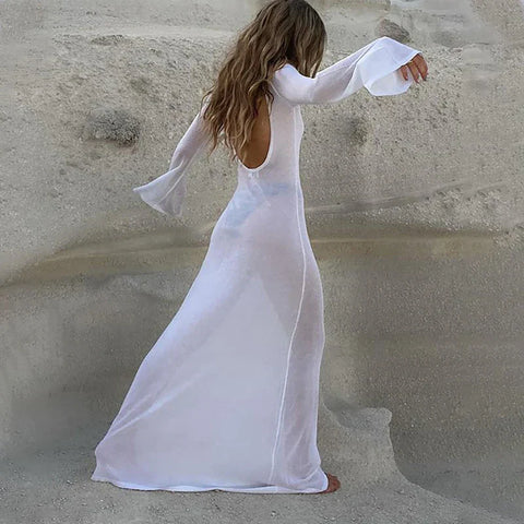 Geumxl Elegant White Knit Long Sleeve Beach Dress Holiday Sexy Open Back Club See Through Summer Party Maxi Dresses Robe