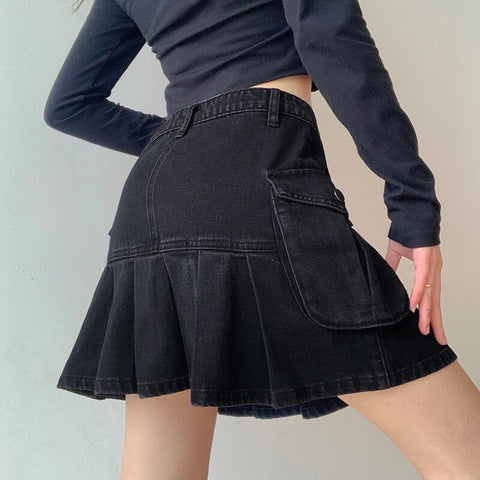 Geumxl Vintage Denim Skirt Women Streetwear High Waist A-line Pockets Gothic Black Jeans Pleated Skirt Autumn Winter Fashion
