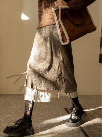 Geumxl Corduroy Midi Skirt Women Vintage Bandage Patchwork Elastic Waist A-line Long Brown Skirt Autumn Casual Female