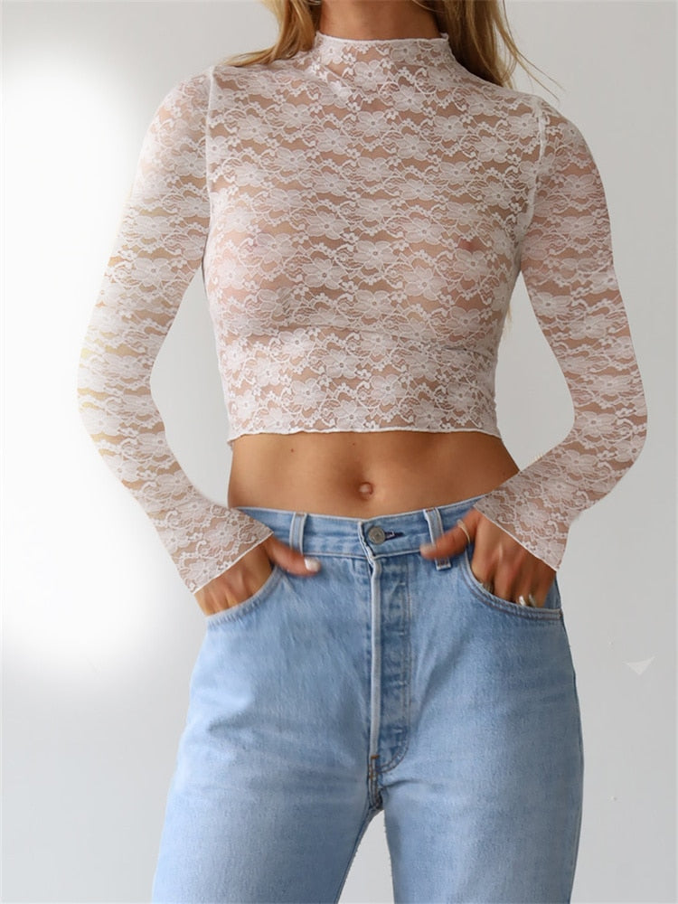 Geumxl Sexy Women Lace Flower T-shirts Crop Tops Long Sleeve Mesh See-Through Solid Color Slim Fit Tees Shirts Clubwear 2023