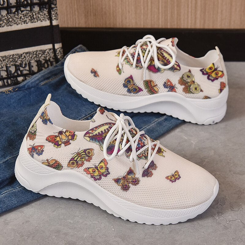 Geumxl Butterflies Print Knitted Sneakers for Women Breathable Platform Loafers Shoes Woman Outdoor Casual Non-Slip Sports Shoes Ladies