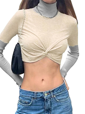 Geumxl Women Turtleneck Exposed Navel Tees Crop Tops Casual Slim Fit Long Sleeve Front Ruched Patchwork T-Shirts Streetwear