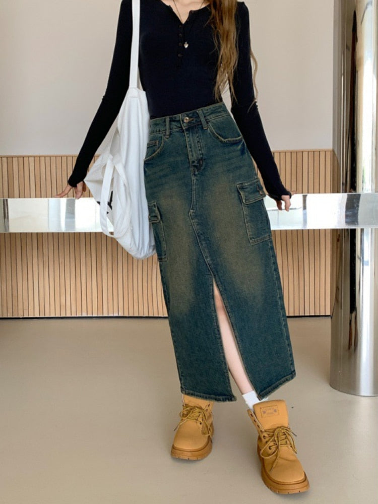 Geumxl Vintage Long Denim Skirt Women Korean Streetwear High Waist Distressed Big Pockets Split Jeans Cargo Skirt Autumn 90s