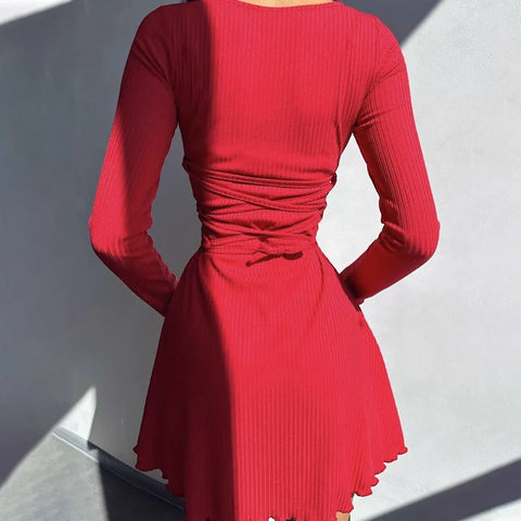 Geumxl-hoco dresses  Solid Knitted Mini Dress for Women Elegant Outfits Fall Long Sleeve Bandage A-Line Vestido Plunge Dresses Clothes