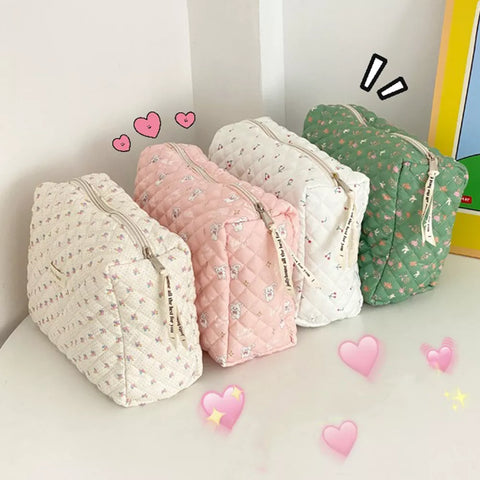 Geumxl Cute Floral Print Women Makeup Beauty Case Pouch Korea Quilted Soft Cotton Cosmetic Storage Bag Travel Organizer Toiletry Bag