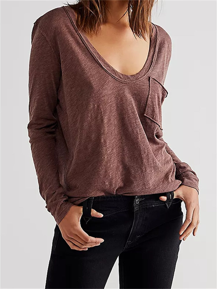 Geumxl Women Loose Causal T-Shirts Tops Deep V Neck Long Sleeve Summer Autumn Solid Color Basic Tees with Pocket Streetwear