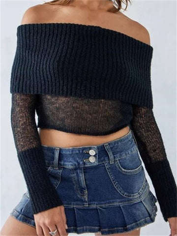 Geumxl Sexy Women Knitted See Through Sweaters Crop Tops Off Shoulder Solid Long Sleeve Cropped Pullovers Slash Neck Jumpers