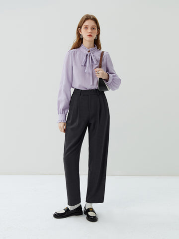 Geumxl High Waist Waist Pleated Design Women Commuter Solid Suit Trousers Straight Twill Cropped Pants Autumn Office Lady Trouser
