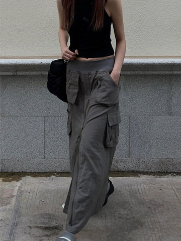 Geumxl Y2k Cargo Long Skirt Women Autumn Winter Elastic Waist A-line Streetwear Big Pockets Zipper Midi Skirt Punk Style