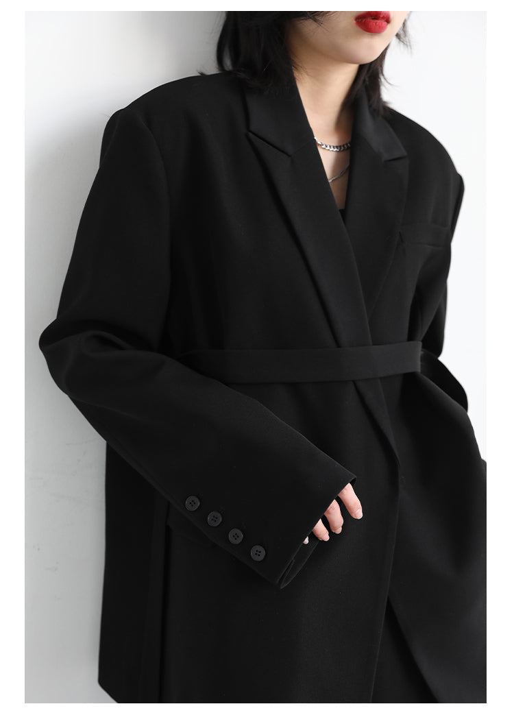 Geumxl Women Blazer Design Wide Shoulder Ribbon Solid Women's Medium Long Coat Office Lady Female Overcoat Spring Autumn 2023