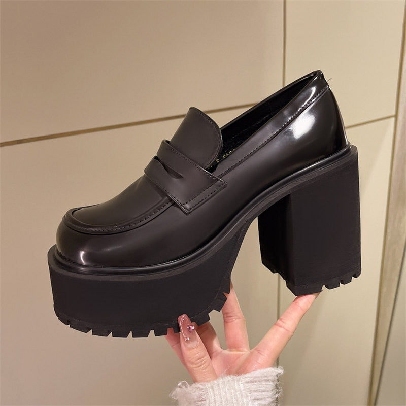 Geumxl Chunky Platform Loafers Heel Patent Leather Slip On Casual Shoes Women Lady Office Shoes Japanese Lolita Black Heels 2023