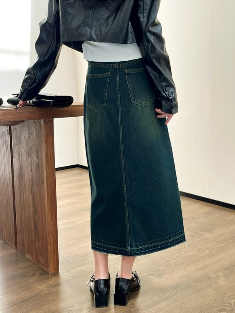 Geumxl Vintage Long Denim Skirt Women High Waist A-line Korean Fashion Elegant Split Jeans Midi Skirt Autumn 90s Aesthetic