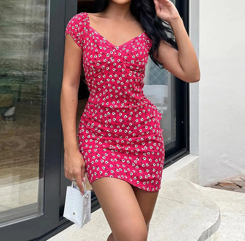 Geumxl--hoco dresses Woman Summer Elegant Slim Fit Short V-Neck Floral Mini Dress Fashion Lady Sexy Robes New Style Versatile Casual Printed Dress