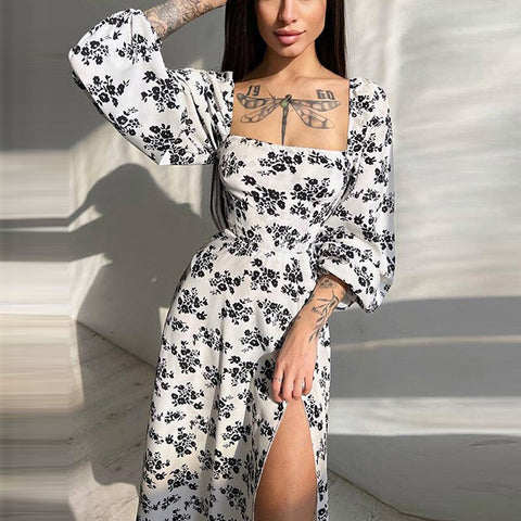 Geumxl Women Spring Summer Style Dress Lady Casual Square Collar Backless Bandage Flower Printed Split A-Line Dress Vestidos SS314