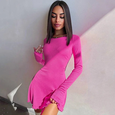 Geumxl-hoco dresses  Solid Knitted Mini Dress for Women Elegant Outfits Fall Long Sleeve Bandage A-Line Vestido Plunge Dresses Clothes