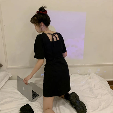 Geumxl--hoco dresses Summer Korean Fashion A-line High Waist Thin Kawaii Mini Dress Harajuku Vintage Short Puff Sleeve Backless Dress Women's Clothes