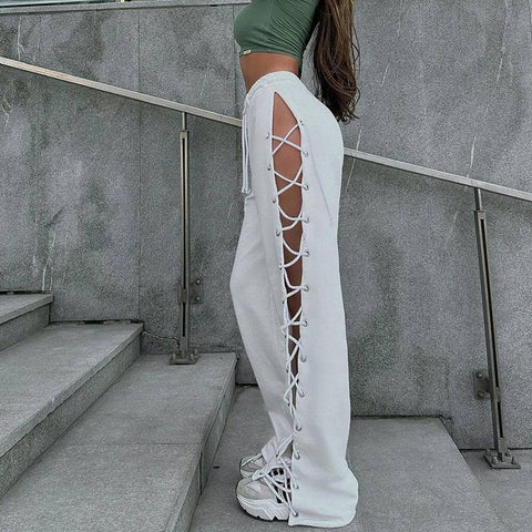 Geumxl Sexy Wide Leg Pants Knitted Slit Hollow Sweatpants Women High Waist Loose Trousers for Ladies Casual Streetwear