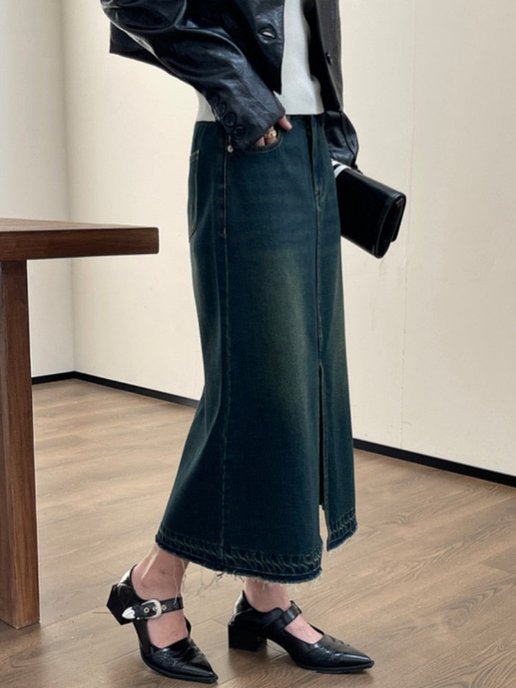 Geumxl Vintage Long Denim Skirt Women High Waist A-line Korean Fashion Elegant Split Jeans Midi Skirt Autumn 90s Aesthetic