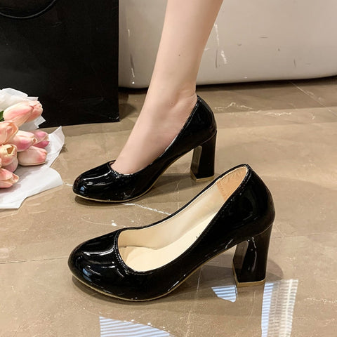 Geumxl New Women's Square Heels Office Shoes 2023 Patent Leather High Heel Pumps Women Round Toe Slip-On Autumn Shoes for Female