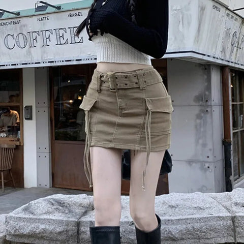 Geumxl Mini Cargo Skirt Denim Women Y2k Vintage High Waist Belt Pocket Sexy Slim Pencil Skirt Korean Streetwear Summer Gyaru