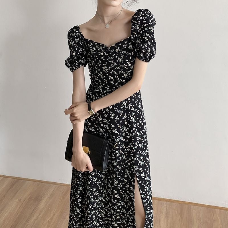 Geumxl Women Summer Style Dress Lady Casual Short Puff Sleeve Square Collar Daisy Printed Split Dress Vestidos SS244