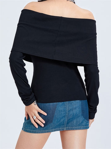 Geumxl Sexy Women Knitted Ribbed T-shirts Tops Long Sleeve Off-shoulder Slash Neck Irregular Hem Solid Slim Tees Shirts 2023