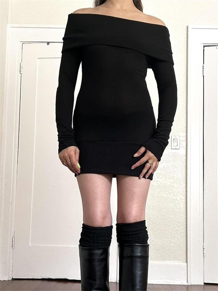 Geumxl Elegant Women Slash Neck Ribbed Short Mini Dress for Women Long Sleeve Black Party Pencil Dress Female Vestidos 2023