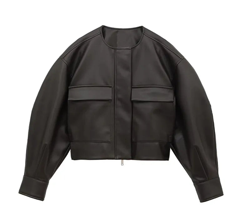 Geumxl Autumn Cool Oversized Short Black Soft Pu Leather Jacket Women with Front Pockets Long Sleeve Luxury Designer Clothing