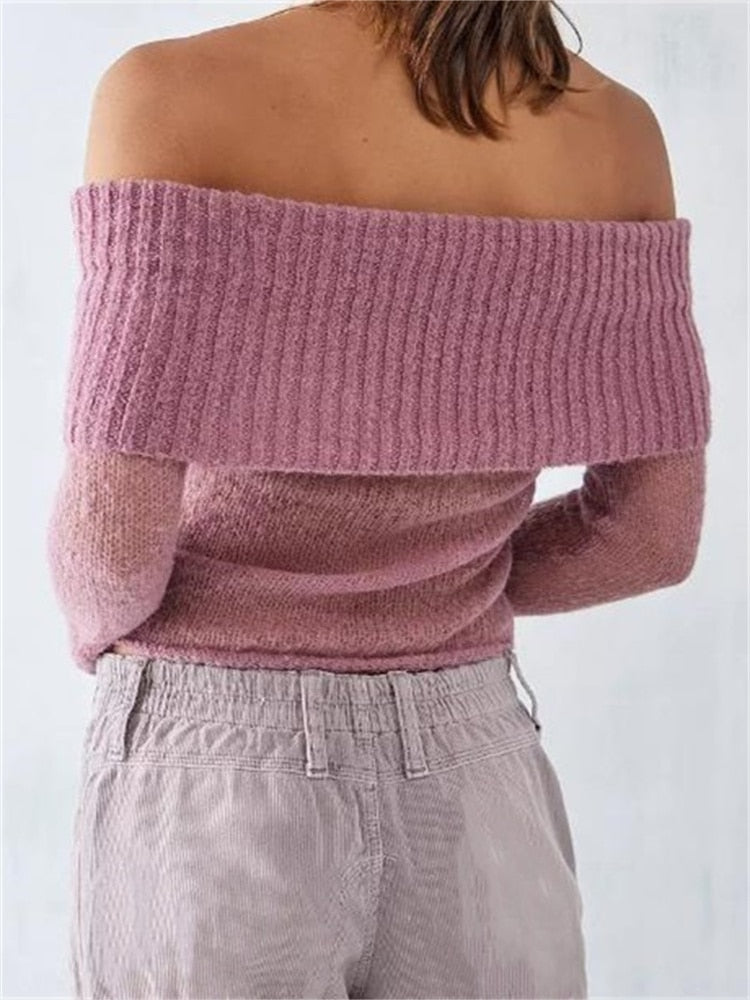 Geumxl Sexy Women Knitted See Through Sweaters Crop Tops Off Shoulder Solid Long Sleeve Cropped Pullovers Slash Neck Jumpers