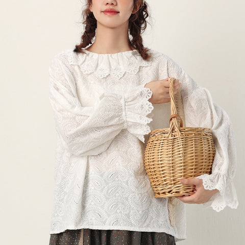 Geumxl Spring Autumn Sweet Fresh Embroidered Shirt Women Clothing Petal Sleeved Loose Blouse Mori Girl Feminine Cute Tops K062