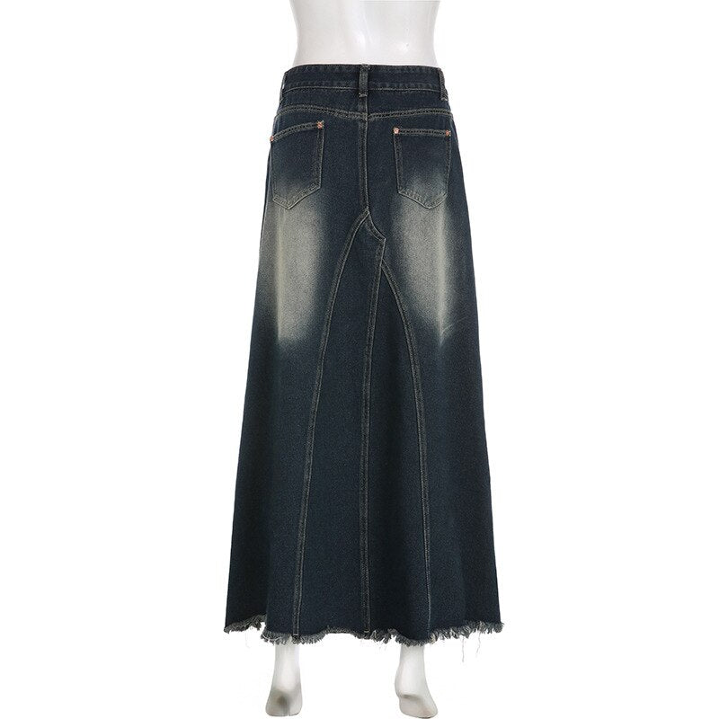 Geumxl Y2k Streetwear Long Denim Skirt Women Acubi Fashion Low Waist A-line Distressed Blue Jeans Maxi Skirt Autumn Vintage