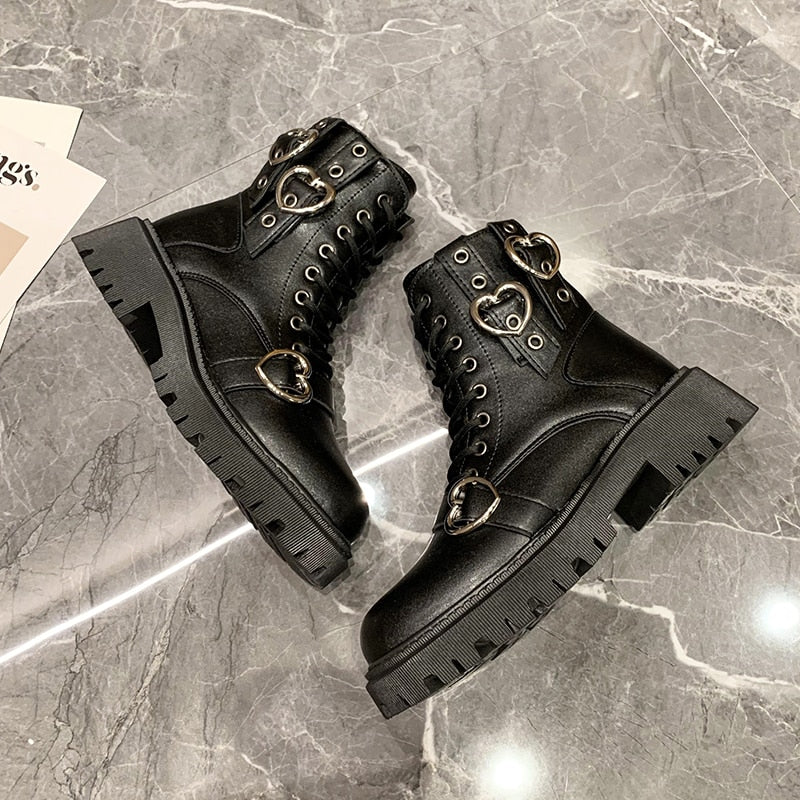 Geumxl Lovely Heart Buckle Ankle Boots Women Autumn 2023 New Non-Slip Pu Leather Short Boots Woman Comfort Med Heels Combat Botas Mujer
