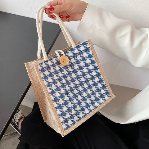 Geumxl Houndstooth Lunch Bags Linen Fashion Ins Large Capacity Food Storage Tote Bag Functional Portable Travel Picnic Outdoor Lady New