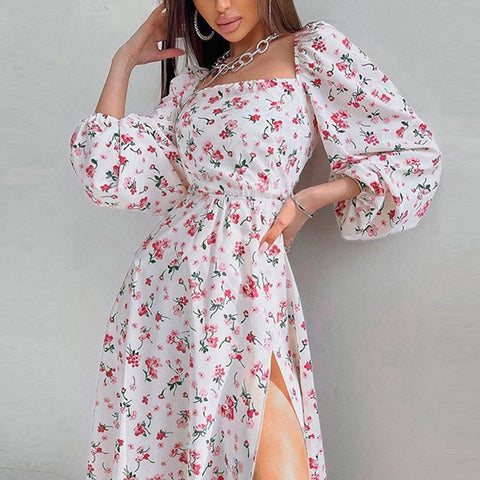 Geumxl Women Spring Summer Style Dress Lady Casual Square Collar Backless Bandage Flower Printed Split A-Line Dress Vestidos SS314